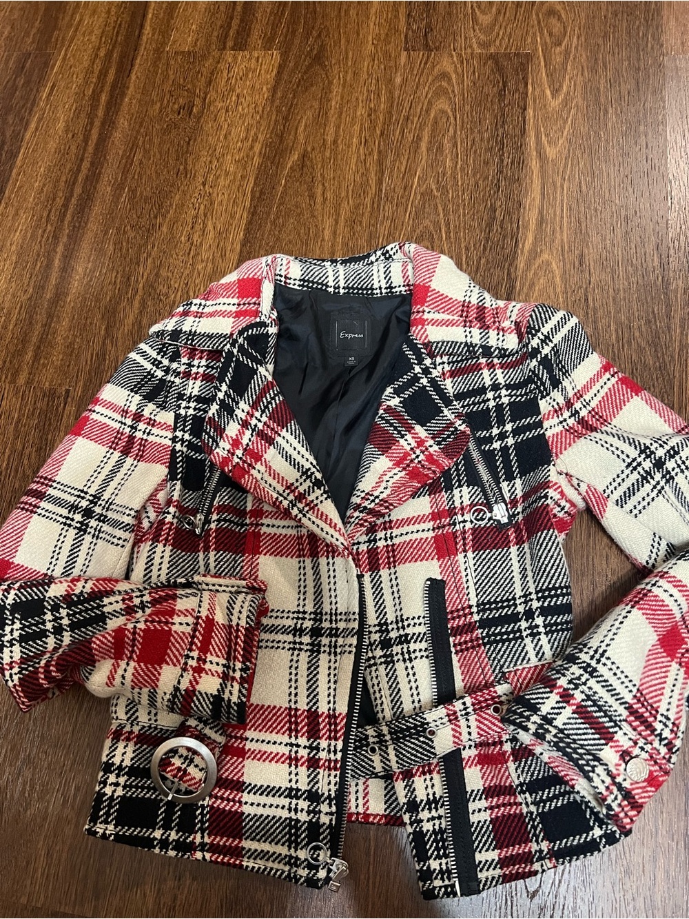 Express Red, Black & White Plaid Moto Blazer